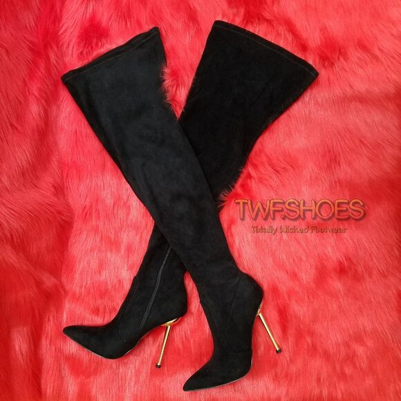 Black Stretch Wide Top Thigh High Slim Heel Boots - Picture 1 of 8